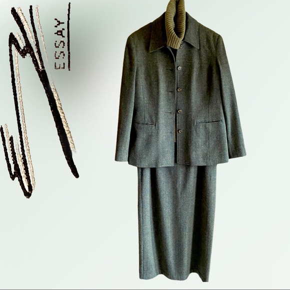 ESSAY Vintage Tweed Wool Maxi Pencil Skirt Green - Picture 4 of 5